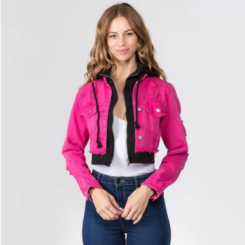 Hooded Pink Denim Cropped Jacket